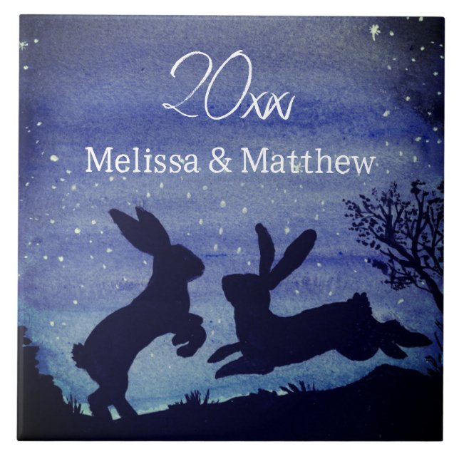 Custom Bunny Rabbit Blue Night Wedding Anniversary Ceramic Tile (Front)