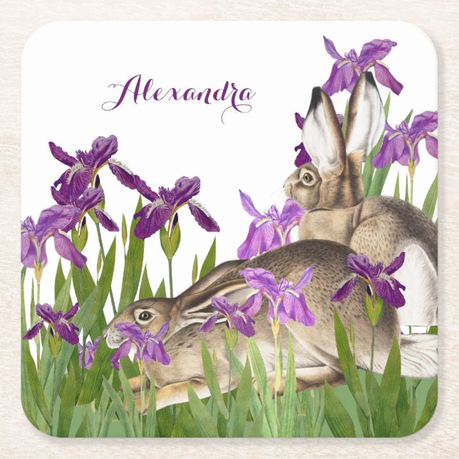Custom Bunny Rabbit Purple Iris Floral  Square Paper Coaster (Front)