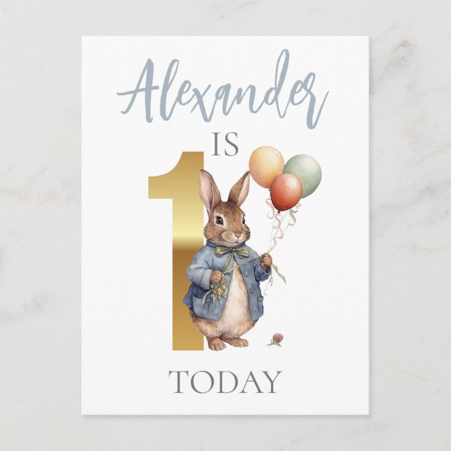 Custom Bunny with balloons First Birthday Postcard (Front)