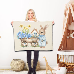 Custom Bunny with Blue Flowers Fleece Blanket