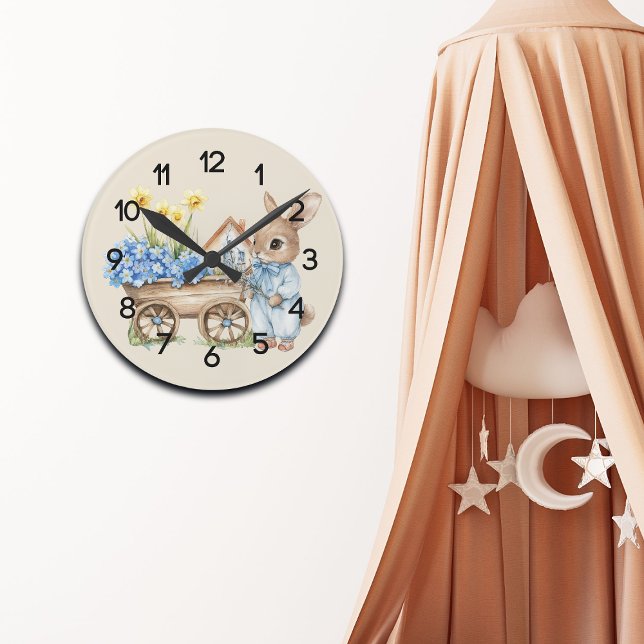 Custom Bunny with Blue Flowers Nursery Round Clock (Creator Uploaded)