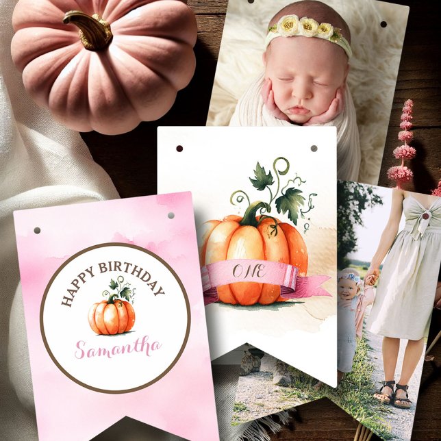 Custom Bunting Banner Template Fall Birthday (Bunting flag fall little pumpkin birthday with photos pink girl )