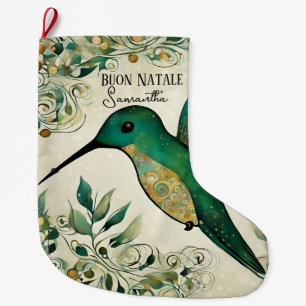 Custom Buon Natale Italian Green Hummingbird  Large Christmas Stocking