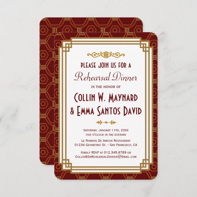 Custom Burgundy Art Deco Rehearsal Dinner Invites (Front/Back)