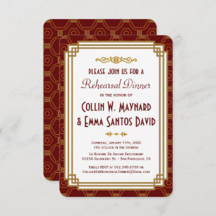 Custom Burgundy Art Deco Rehearsal Dinner Invites