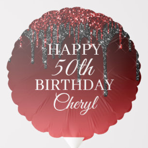 Custom Burgundy Black Glitter Drip Happy Birthday Balloon