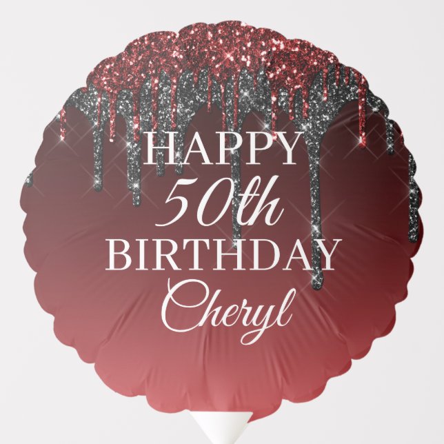 Custom Burgundy Black Glitter Drip Happy Birthday Balloon (Front)