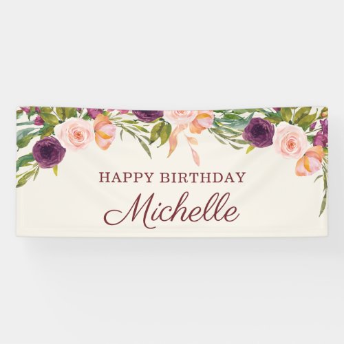 Custom Burgundy Blush Pink Floral Happy Birthday Banner