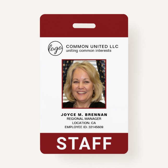 Custom Burgundy Business Logo Employee Photo ID Badge (Front)
