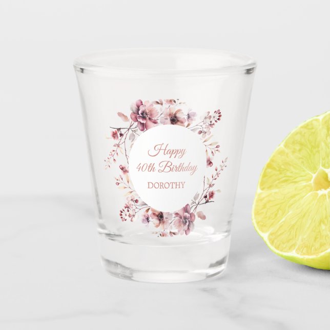 Custom Burgundy Dusty Pink Floral 40th Birthday Shot Glass (Front)