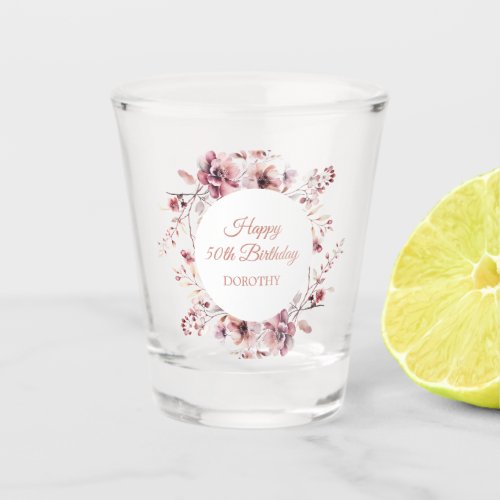 Custom Burgundy Dusty Pink Floral 50th Birthday Shot Glass