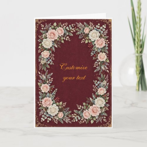 Custom Burgundy Floral Folded Christmas Card, Pers Card