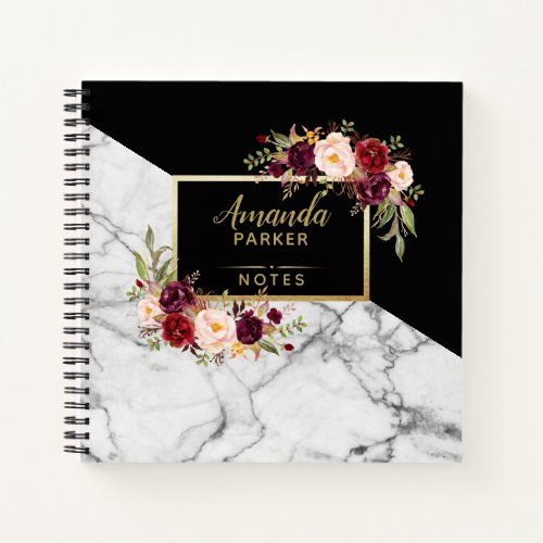 Custom Burgundy Floral Marble Gold Designer Notes Notebook