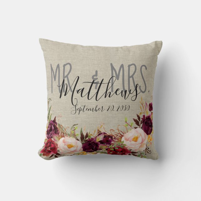 Custom Burgundy Floral Mr and Mrs Wedding Keepsake Throw Pillow (Front)