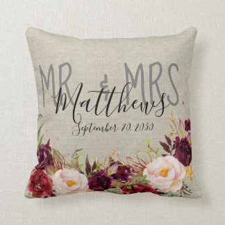 Custom Burgundy Floral Mr and Mrs Wedding Keepsake Throw Pillow