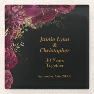 Custom Burgundy Floral Wedding Anniversary Glass Coaster
