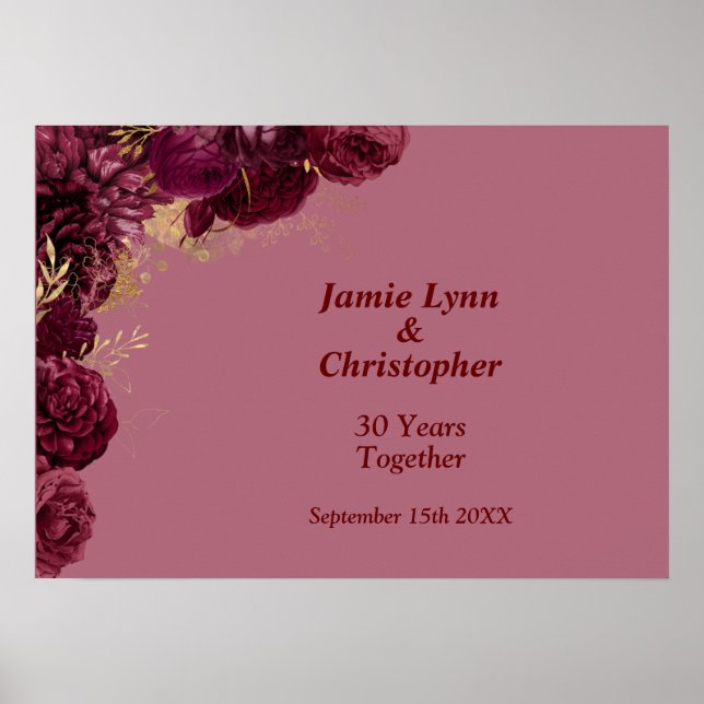 Custom Burgundy Floral Wedding Anniversary Poster (Front)