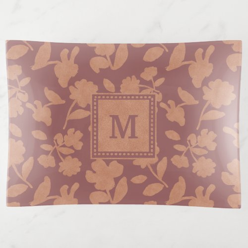 Custom Burgundy Glitter Floral Pattern Monogram Trinket Tray