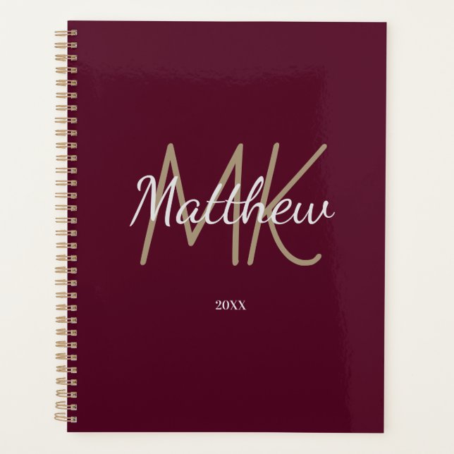 Custom Burgundy Monogram Initial Name Minimalist Planner (Front)