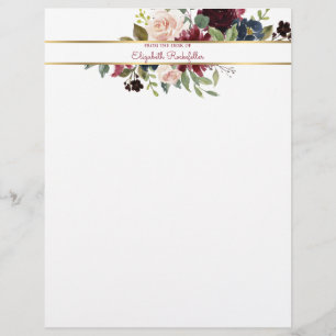 Custom Burgundy Navy Gold Boho Floral Bouquet Letterhead