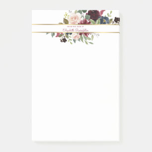 Custom Burgundy Navy Gold Boho Floral Bouquet Post-it Notes