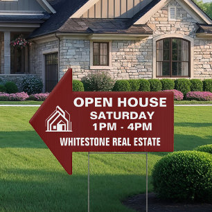 Custom Burgundy Open House Realty Arrow Yard Sign