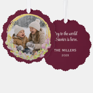 Custom Burgundy Original Watercolor Photo Ornament Card