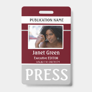 Custom Burgundy Photo ID Reporter Press Pass ID Badge