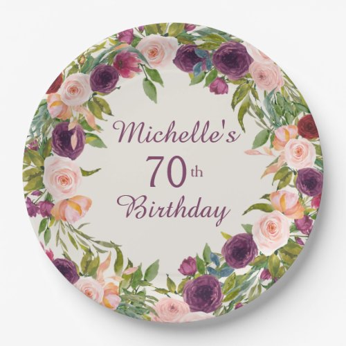Custom Burgundy Pink Floral 70th Birthday  Paper Plates
