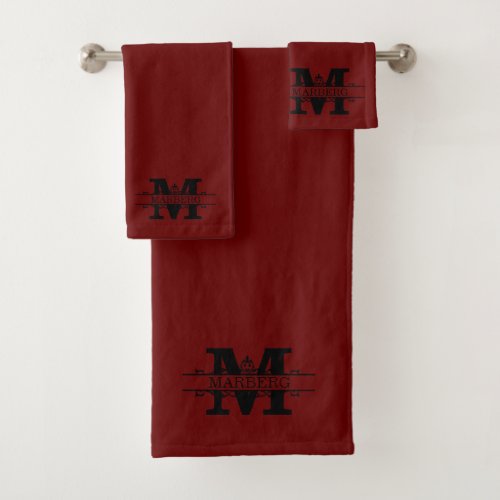 Custom Burgundy Red Fancy Monogram Bath Towel Set