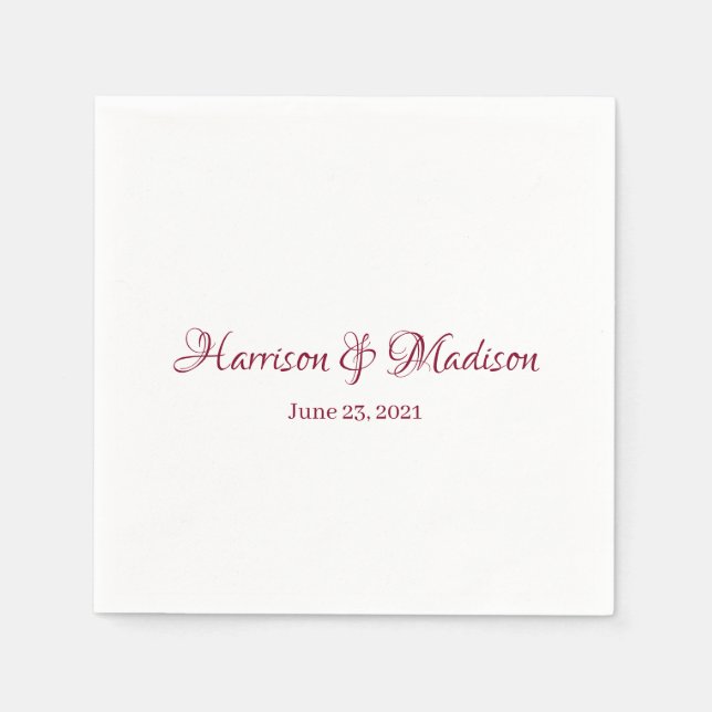 Custom burgundy Script Couple Name Date Wedding Napkins (Front)