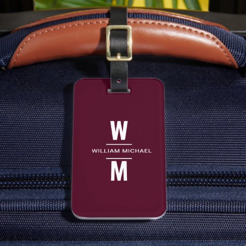 Custom Burgundy Simple Modern Minimal Monogram Luggage Tag