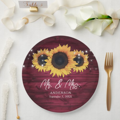 Custom Burgundy Sunflower Rustic Wood Wedding Paper Plates