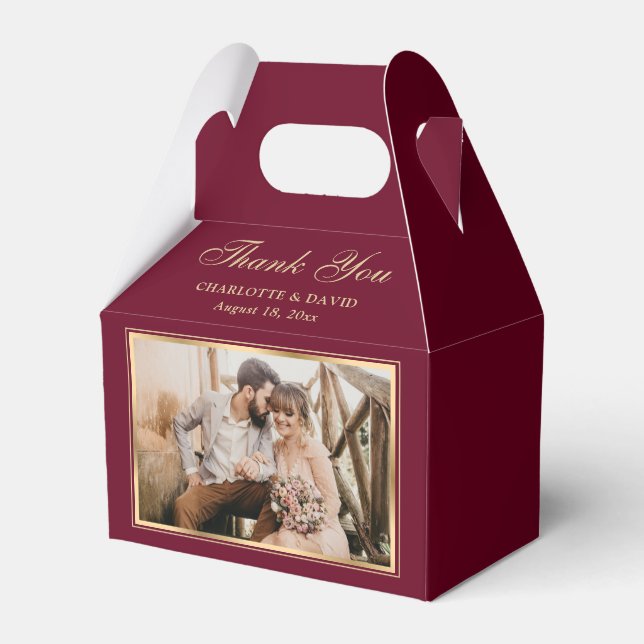 Custom Burgundy Wedding Photo Thank You Favor Boxes (Front Side)