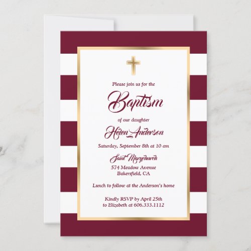 Custom Burgundy White Gold Stripe Girl Baptism Invitation