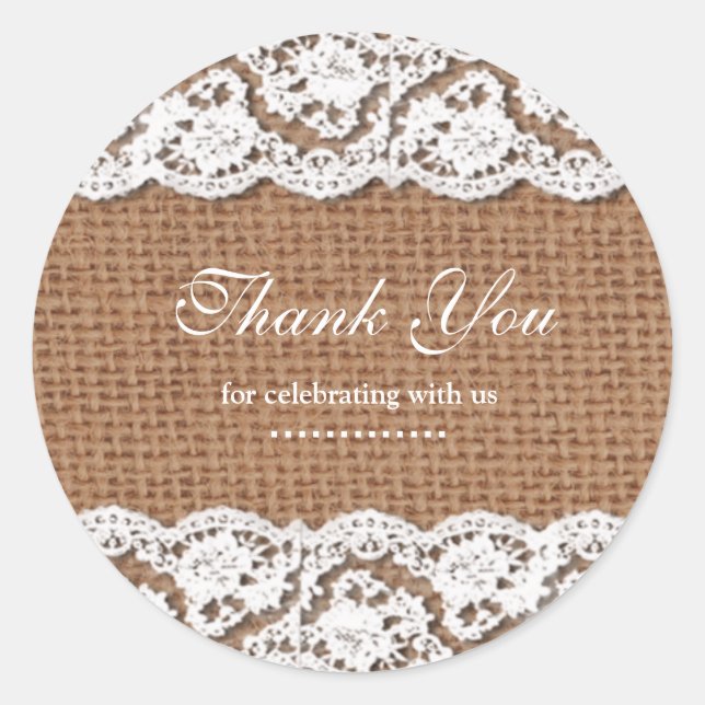 Custom Burlap & Lace Wedding Favor Label Stickers (Front)