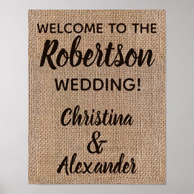 Custom Burlap Rustic Vintage Wedding Welcome Sign (Front)