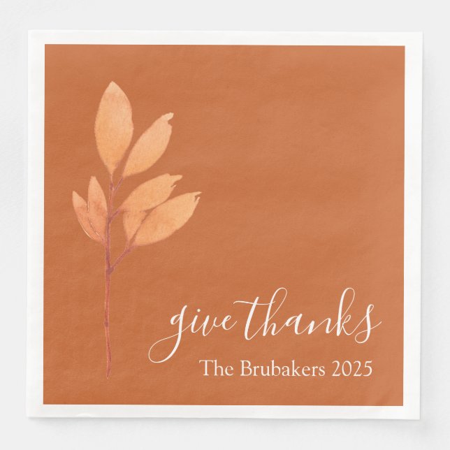 Custom Burnt Orange Boho Give Thanks Thanksgiving Paper Dinner Napkins (Front)