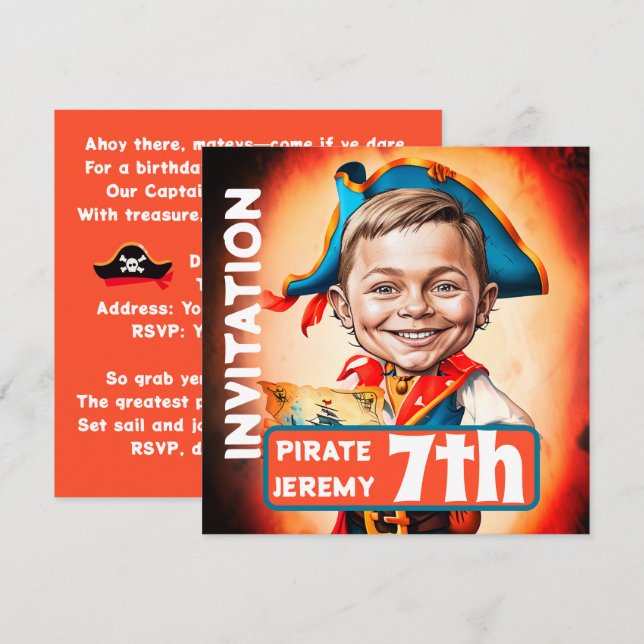 Custom Burnt Orange Pirate 7th Caricature  Invitation (Front/Back)
