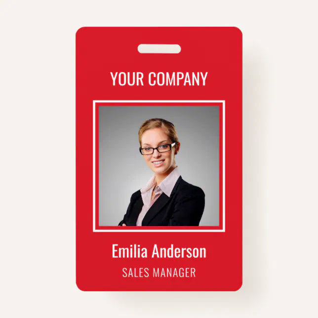 Custom Business Basic Employee Name Photo Red Badge | Zazzle