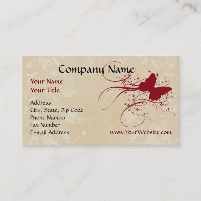 Custom Business Card, Red Cream Butterfly Design Business Card (Front)