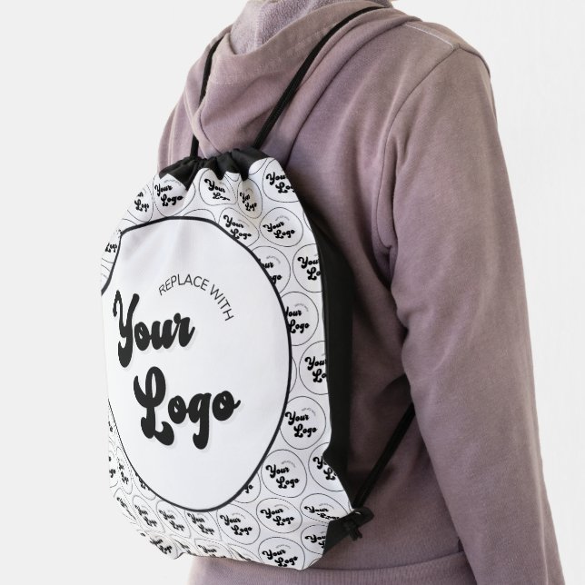 Custom Business Company Logo Pattern Black & White Drawstring Bag (Insitu)