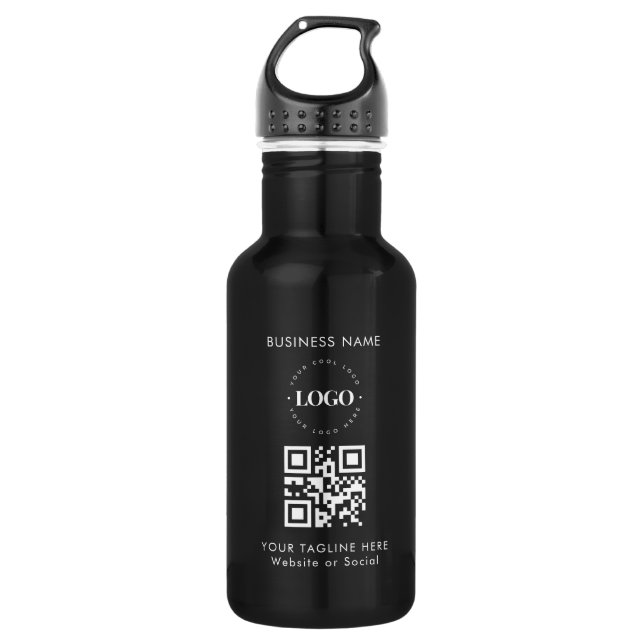 Custom Business Company Logo QR Code & Text Simple Stainless Steel Water Bottle (Front)