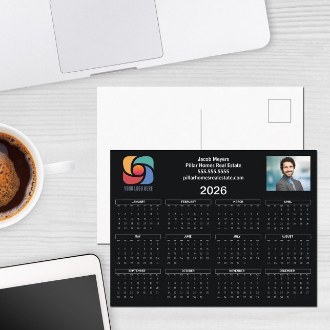 Custom Business Logo 2026 Calendar Black White Postcard (Creator Uploaded)
