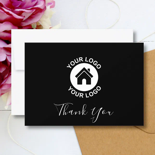 Custom Business Logo And Message Black Thank You Card | Zazzle