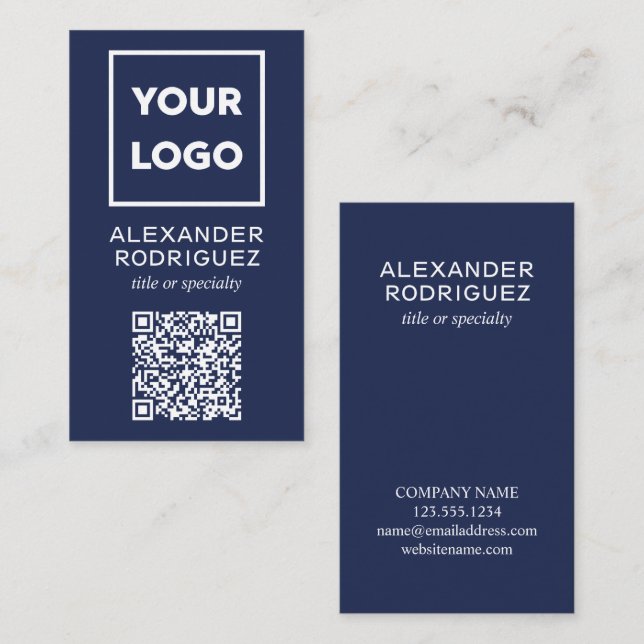 Custom Business Logo and QR Code Modern Navy Card (Front/Back)