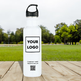 Custom Business Logo and QR Code on White Stainless Steel Water Bottle