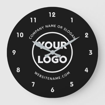 Custom Business Logo And Text Black Background Large Clock by RocklawnArts at Zazzle