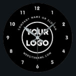 Custom Business Logo and Text Black Background Large Clock<br><div class="desc">Replace the sample company logo and text with your own in the sidebar to create a stylish minimal wall clock for your business with a simple black background. Your text curves around the top and bottom of your logo. White or light colored logos will work best with this design. Bold...</div>