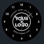 Custom Business Logo and Text Black Background Large Clock<br><div class="desc">Replace the sample company logo and text with your own in the sidebar to create a stylish minimal wall clock for your business with a simple black background. Your text curves around the top and bottom of your logo. White or light colored logos will work best with this design. Bold...</div>